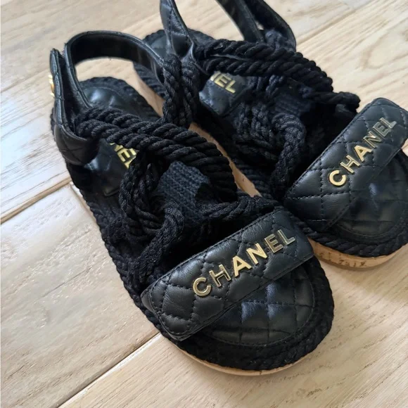 CHANEL Black Quilted Rope Sandals with Gold Logo - Picture 3 of 9